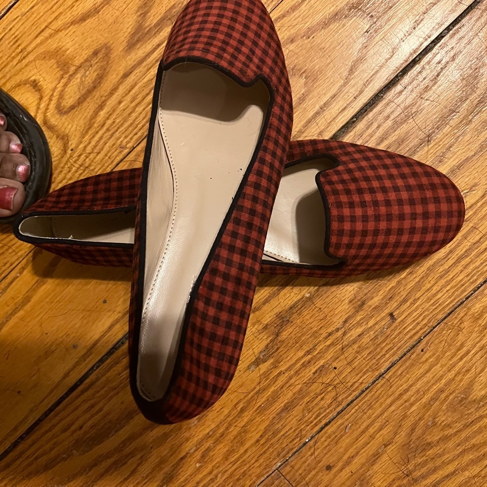 JCrew, red, Buffalo-check, new, flats, pristine condition, never worn.